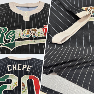 Custom Black Cream Pinstripe Vintage Mexican Flag Two-Button Unisex Softball Jersey