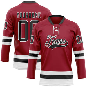 Custom Maroon Black-White Hockey Lace Neck Jersey