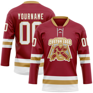 Custom Maroon White-Old Gold Hockey Lace Neck Jersey