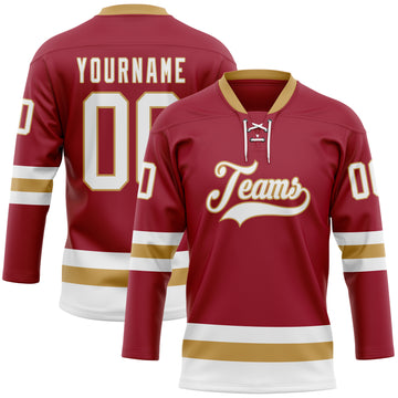 Custom Maroon White-Old Gold Hockey Lace Neck Jersey