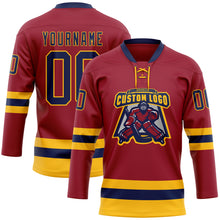 Laden Sie das Bild in den Galerie-Viewer, Custom Maroon Navy-Gold Hockey Lace Neck Jersey
