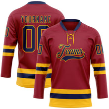 Laden Sie das Bild in den Galerie-Viewer, Custom Maroon Navy-Gold Hockey Lace Neck Jersey
