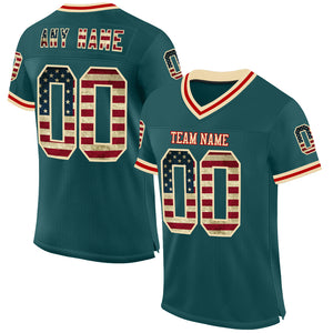 Custom Midnight Green Vintage USA Flag Cream-Red Mesh Authentic Throwback Football Jersey