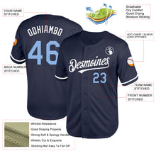 Load image into Gallery viewer, Custom Navy Light Blue-White Mesh Authentic Throwback Baseball Jersey
