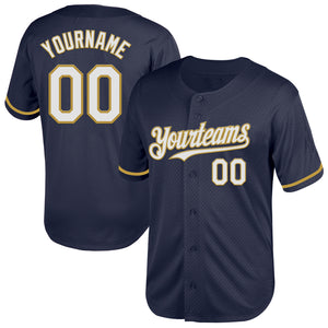 Custom Navy White-Old Gold Mesh Authentic Throwback Baseball Jersey