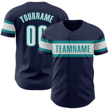 Load image into Gallery viewer, Custom Navy White-Teal Authentic Baseball Jersey
