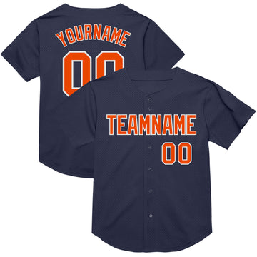 Custom Navy Orange-White Mesh Authentic Throwback Baseball Jersey