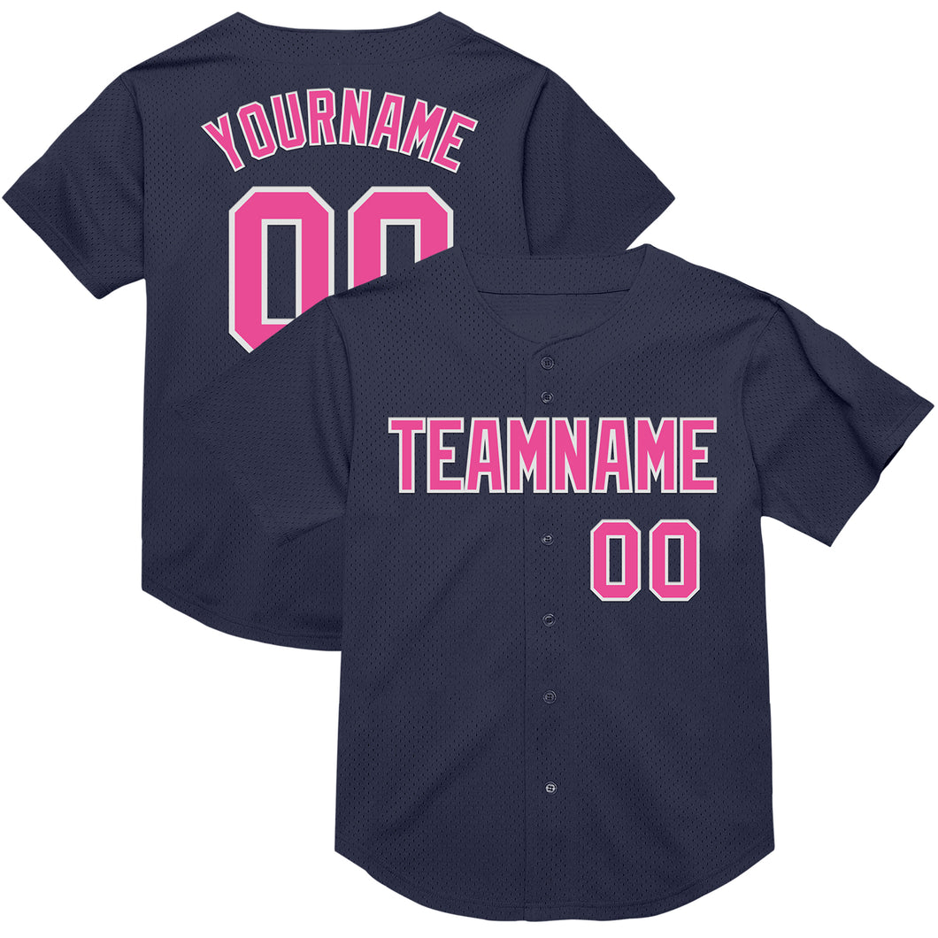 Custom Navy Pink-White Mesh Authentic Throwback Baseball Jersey