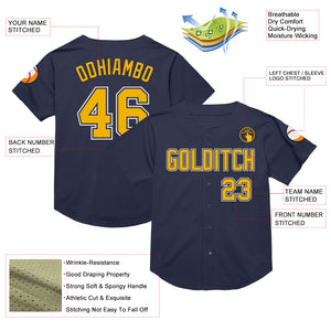 Custom Navy Gold-White Mesh Authentic Throwback Baseball Jersey