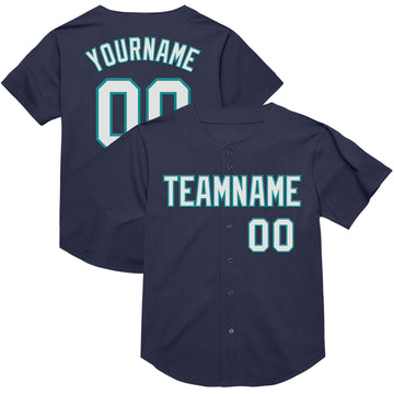 Custom Navy White-Teal Mesh Authentic Throwback Baseball Jersey