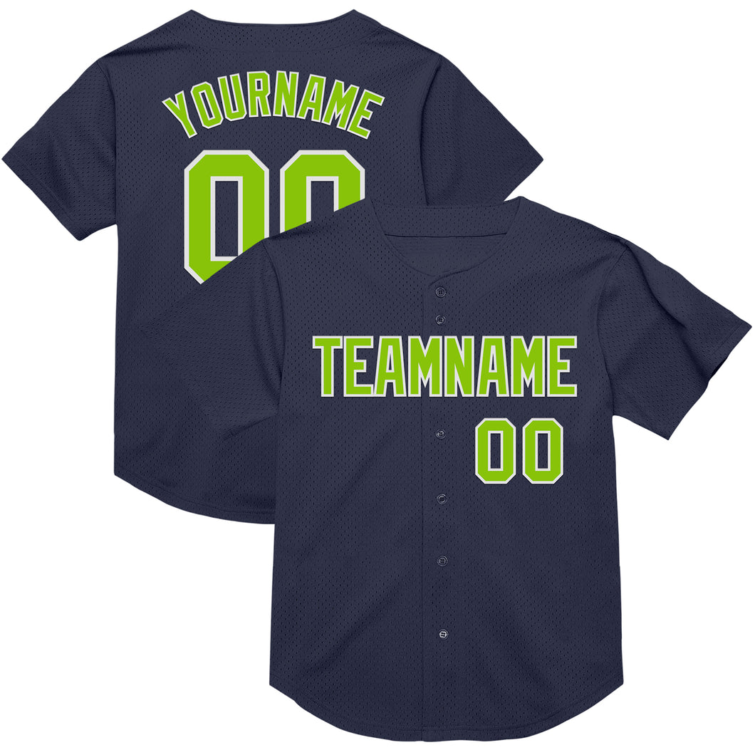 Custom Navy Neon Green-White Mesh Authentic Throwback Baseball Jersey