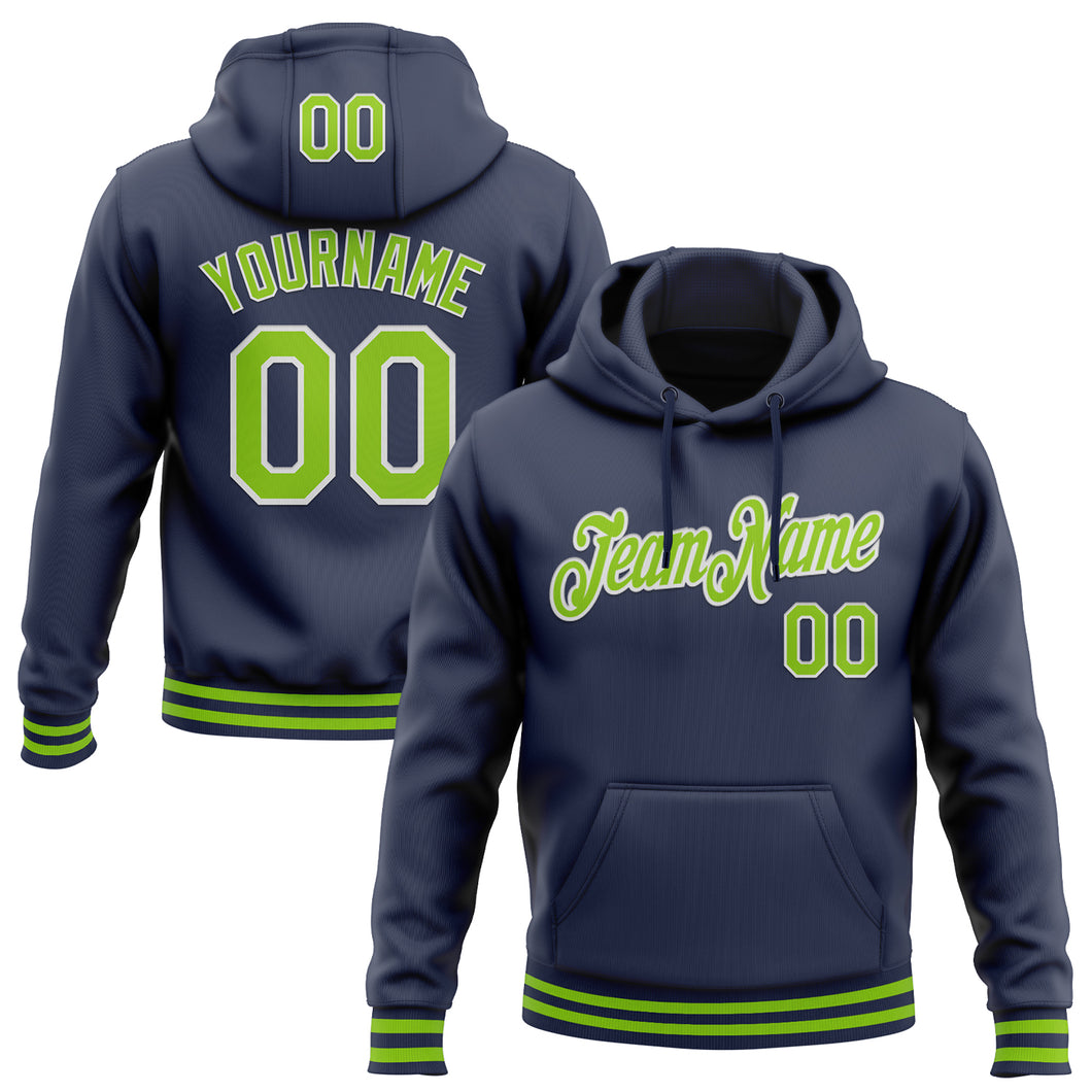 Custom Stitched Navy Neon Green-White Sports Pullover Sweatshirt Hoodie