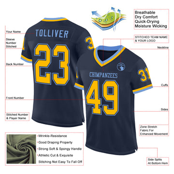 Custom Navy Gold-Light Blue Mesh Authentic Throwback Football Jersey