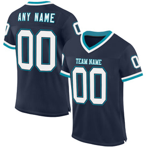 Custom Navy White-Teal Mesh Authentic Throwback Football Jersey