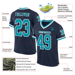 Custom Navy Teal-White Mesh Authentic Throwback Football Jersey