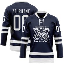 Загрузить изображение в средство просмотра галереи, Custom Navy White Hockey Lace Neck Jersey
