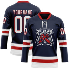 Загрузить изображение в средство просмотра галереи, Custom Navy White-Red Hockey Lace Neck Jersey
