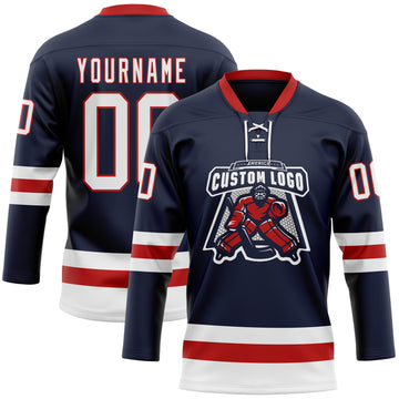 Custom Navy White-Red Hockey Lace Neck Jersey