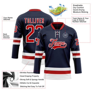 Custom Navy Red-White Hockey Lace Neck Jersey