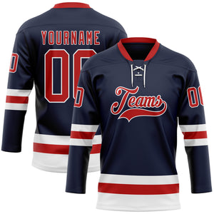 Custom Navy Red-White Hockey Lace Neck Jersey