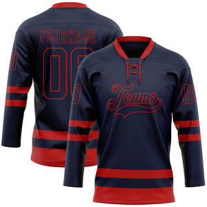 Custom Navy Red Hockey Lace Neck Jersey