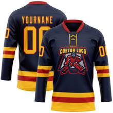 Загрузить изображение в средство просмотра галереи, Custom Navy Gold-Red Hockey Lace Neck Jersey
