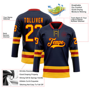 Custom Navy Gold-Red Hockey Lace Neck Jersey