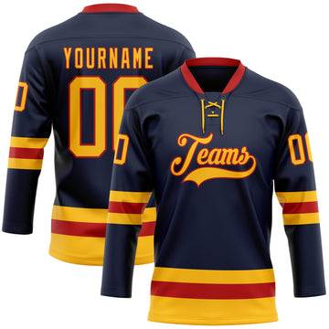 Custom Navy Gold-Red Hockey Lace Neck Jersey