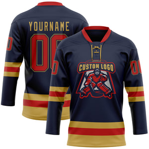 Custom Navy Red-Old Gold Hockey Lace Neck Jersey