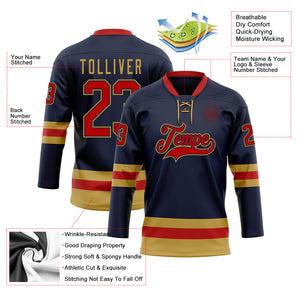 Custom Navy Red-Old Gold Hockey Lace Neck Jersey