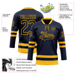 Custom Navy Gold Hockey Lace Neck Jersey