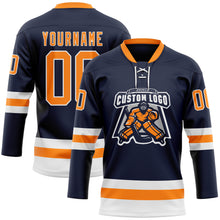 Загрузить изображение в средство просмотра галереи, Custom Navy Bay Orange-White Hockey Lace Neck Jersey
