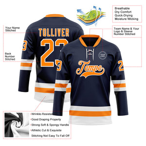 Custom Navy Bay Orange-White Hockey Lace Neck Jersey