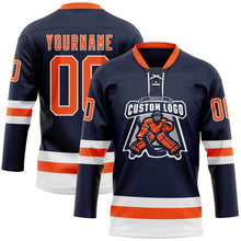 Загрузить изображение в средство просмотра галереи, Custom Navy Orange-White Hockey Lace Neck Jersey
