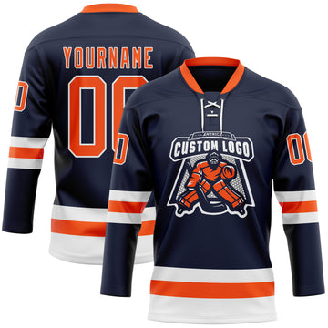 Custom Navy Orange-White Hockey Lace Neck Jersey