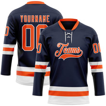 Загрузить изображение в средство просмотра галереи, Custom Navy Orange-White Hockey Lace Neck Jersey
