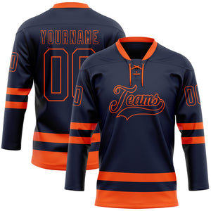 Custom Navy Orange Hockey Lace Neck Jersey