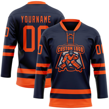 Custom Navy Orange Hockey Lace Neck Jersey