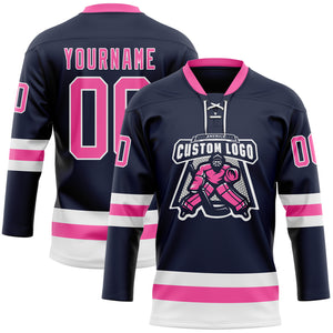 Custom Navy Pink-White Hockey Lace Neck Jersey