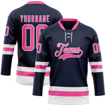 Загрузить изображение в средство просмотра галереи, Custom Navy Pink-White Hockey Lace Neck Jersey
