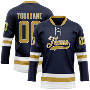 Custom Navy Old Gold-White Hockey Lace Neck Jersey