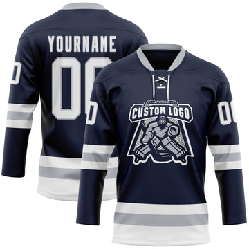 Custom Navy White-Gray Hockey Lace Neck Jersey