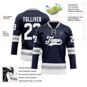 Custom Navy White-Gray Hockey Lace Neck Jersey