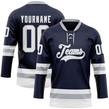 Custom Navy White-Gray Hockey Lace Neck Jersey