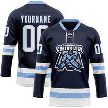 Загрузить изображение в средство просмотра галереи, Custom Navy White-Light Blue Hockey Lace Neck Jersey
