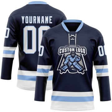 Custom Navy White-Light Blue Hockey Lace Neck Jersey