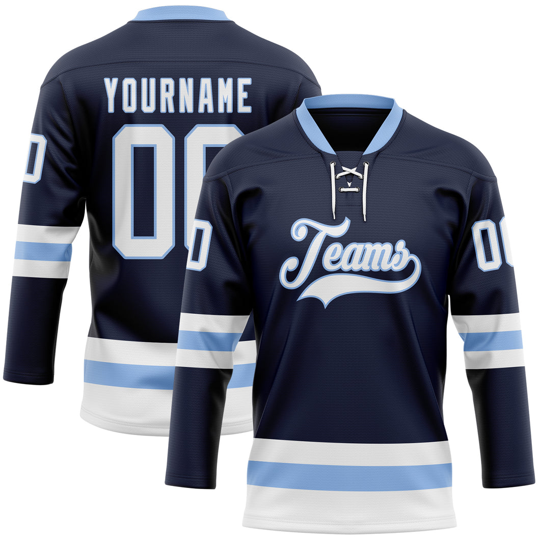 Custom Navy White-Light Blue Hockey Lace Neck Jersey