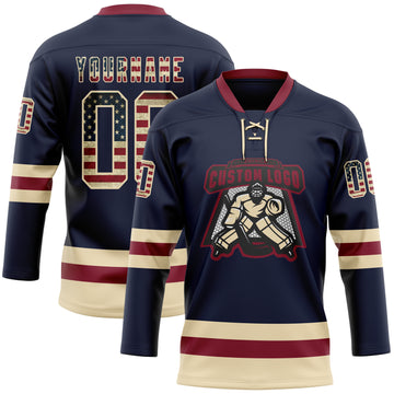 Custom Navy Vintage USA Flag Cream-Crimson Hockey Lace Neck Jersey