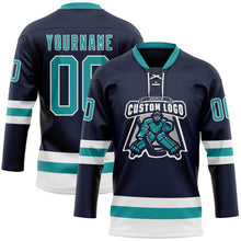 Загрузить изображение в средство просмотра галереи, Custom Navy Teal-White Hockey Lace Neck Jersey
