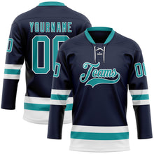 Загрузить изображение в средство просмотра галереи, Custom Navy Teal-White Hockey Lace Neck Jersey
